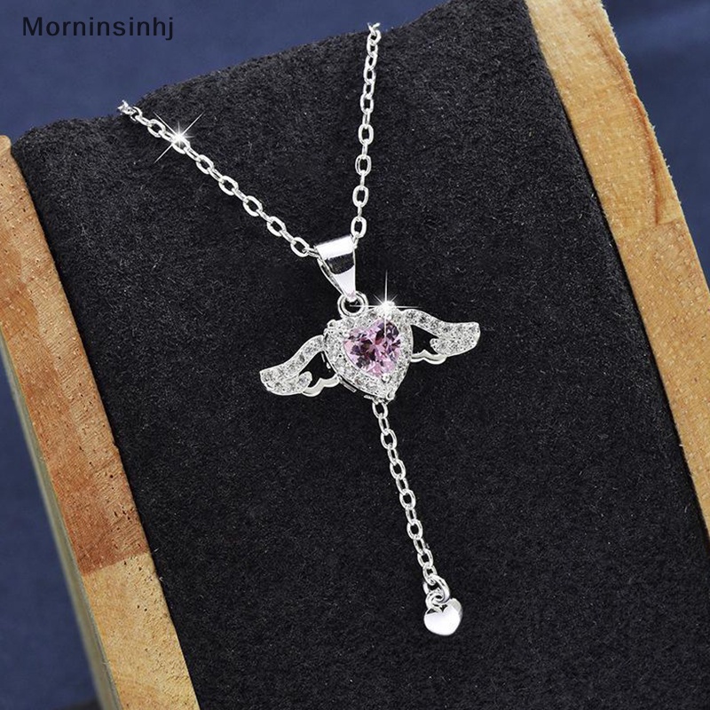 Mornin Zirkon Sayap Malaikat Hati Liontin Kalung Wanita Gadis Sederhana Y2K Pink Putih Zirkon Cinta Elegan Kalung Wanita Perhiasan id