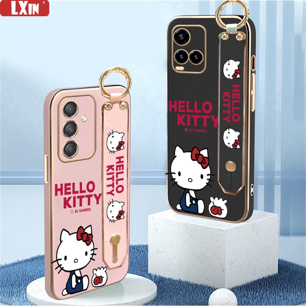 Kartun Kitty Case Realme C55 C33 C30 C35 C21Y C25Y C31 Realme10 5i 6i C11 2021 C15 C12 C25 C20 C2 Narzo 50A Stand Holder Lipat Mewah Plating Karet Soft Cover