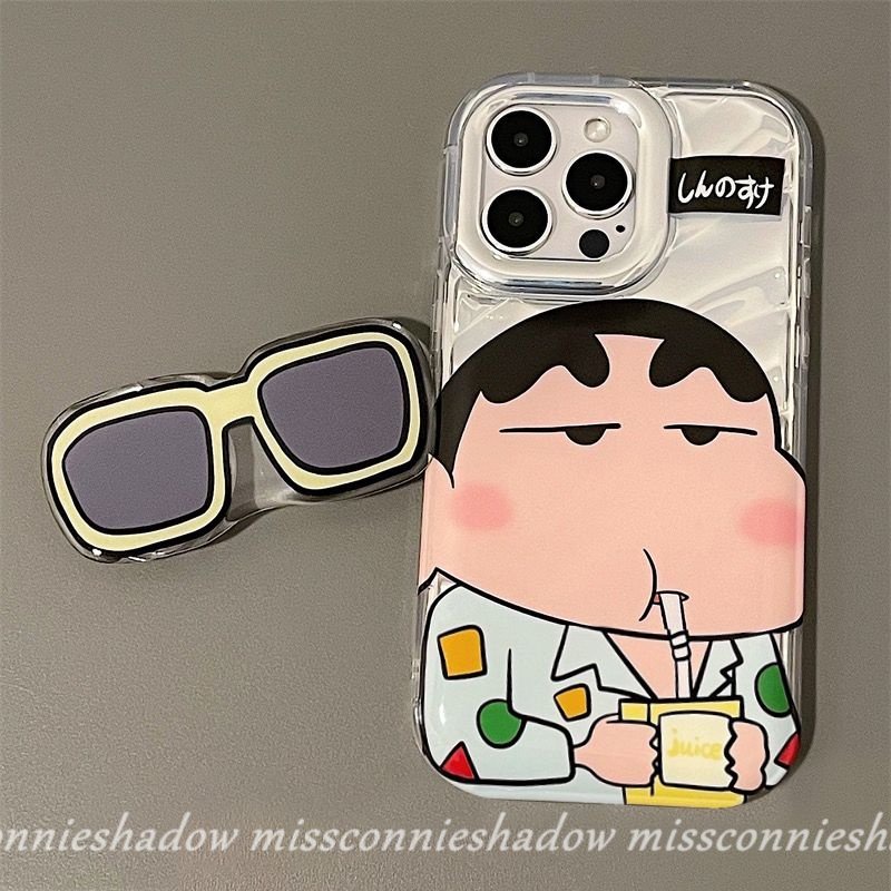 Kartun Case Kompatibel Untuk IPhone14 13 11 12 Pro Max6 8 6S Plus X XR 7Plus XS MAX SE 2020pakai Kacamata Hitam Crayon Shin-Chan Kreatif Kartu 3D Stereo Corrugation Cover