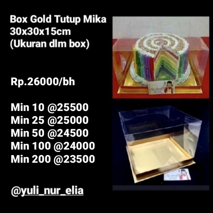 

Promo Terlaris Box gold tutup mika ukuran 30x30 tinggi mika 15cm