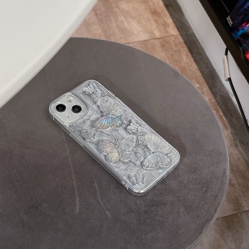 Silver Grey Pigment Butterfly Soft TPU Case HP iP iPhone 14 13 12 11 Pro X XS XR Max 7 8 + Plus SE 2020 2022 Drop Glue FTD Casing Apple