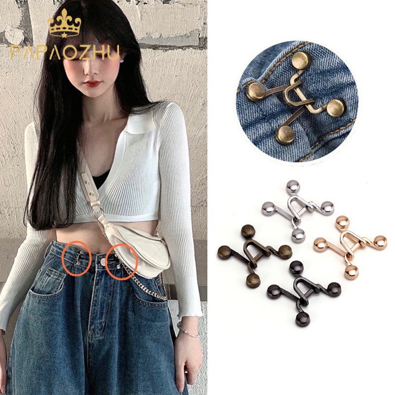 Papaozhu Kancing Pengencang Pinggang Non Jahit Untuk Jeans Mengurangi Garis Pinggang Adjustable Kancing Instan Pin Gesper Celana Celana Panjang Snap Pengikat Gesper