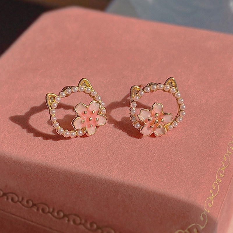 Pink Cherry Blossom Kucing Lucu Manis Fashion Bunga Mutiara Kecil Indah Anting-Anting