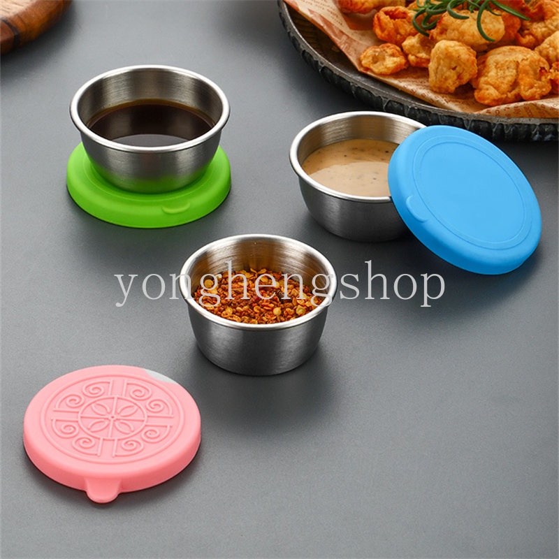 Cangkir Saus Stainless Steel Mini Dengan Tutup Dapat Digunakan Kembali Saus Saos Salad Saus Kecap Seasoning Bowl Dipping Cups Condiment Container Food Storage Appetizer Plates