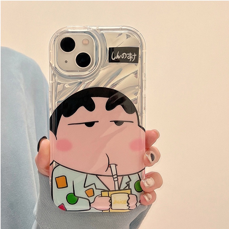 【Sunglasses Shin-chan】So Cool Laser Wave Gradient Silver Airbag SoftCase IPhone 11 12 13 14 Pro Max X XR XS MAX 14 Plus Protect Case girl women's Fashion Cute Phone Case