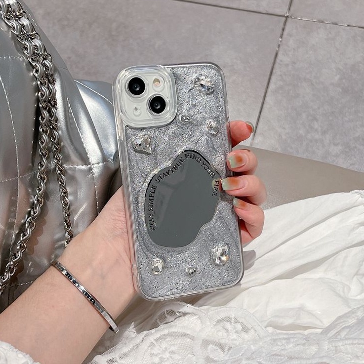 Silver Grey Pigment Diamond Mirror Soft TPU Case HP iP iPhone 14 13 12 11 Pro X XS XR Max 7 8 + Plus SE 2020 2022 Drop Glue FTD Casing Apple