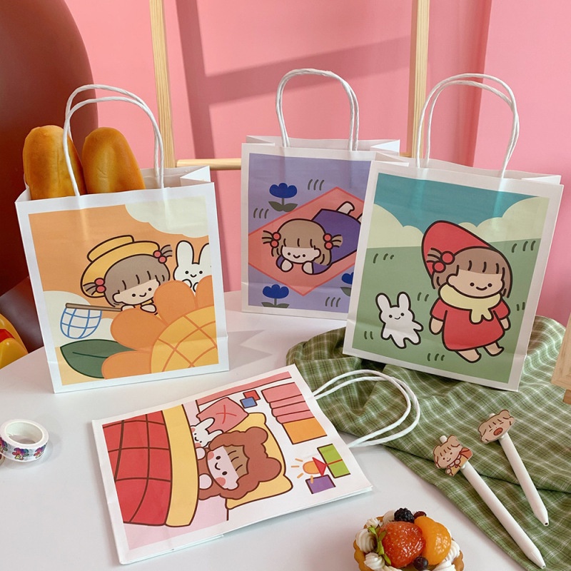 Ins Style Gadis Lucu Handheld Shopping Gift Bag Tas Kemasan Kertas Hadiah Ulang Tahun Siswa Mini