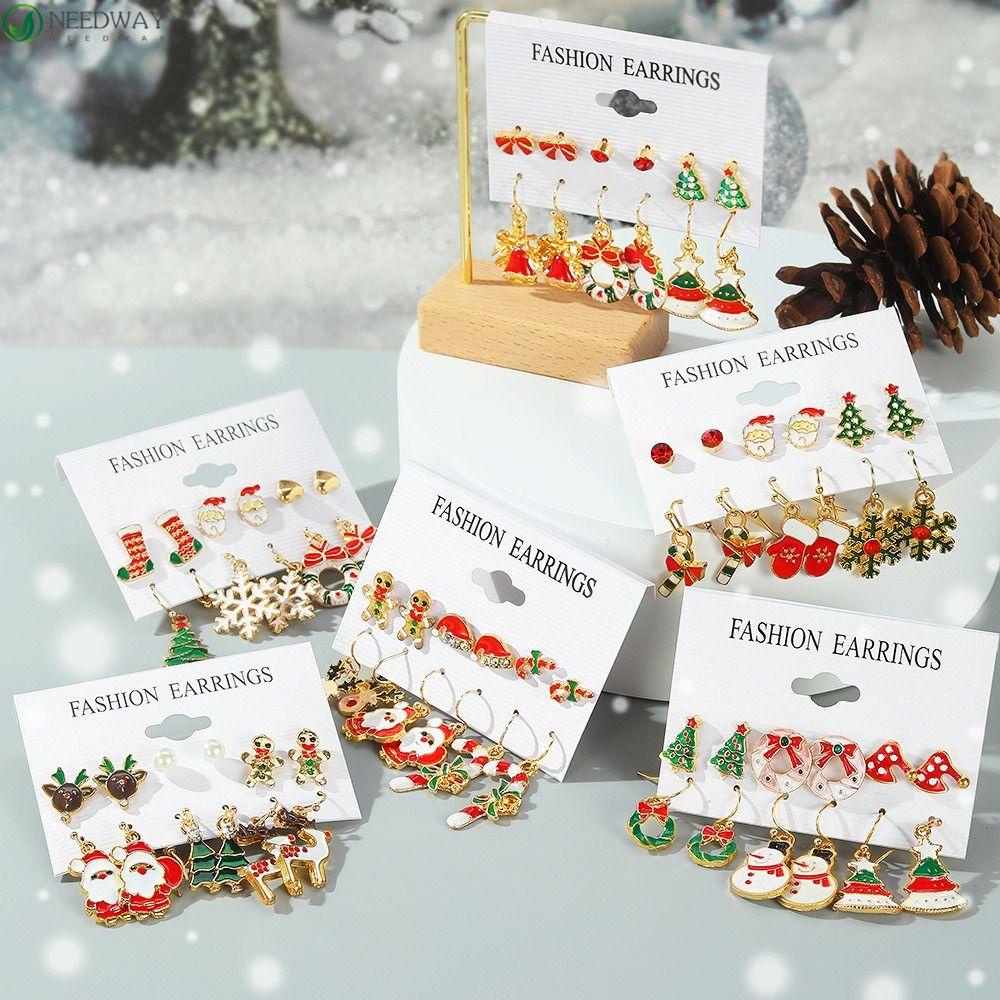 Needway Christmas Stud Earrings Bow Knot Santa Claus Christmas Bell Drip Minyak Rusa Mengkilap Wanita Drop Earrings