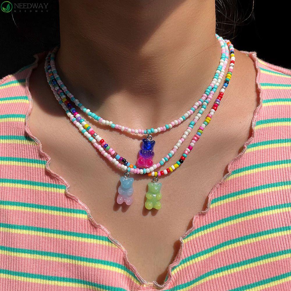 Needway Wanita Kalung Warna-Warni Chic Liburan Bohemia Perempuan Buatan Tangan Manik-Manik Kalung