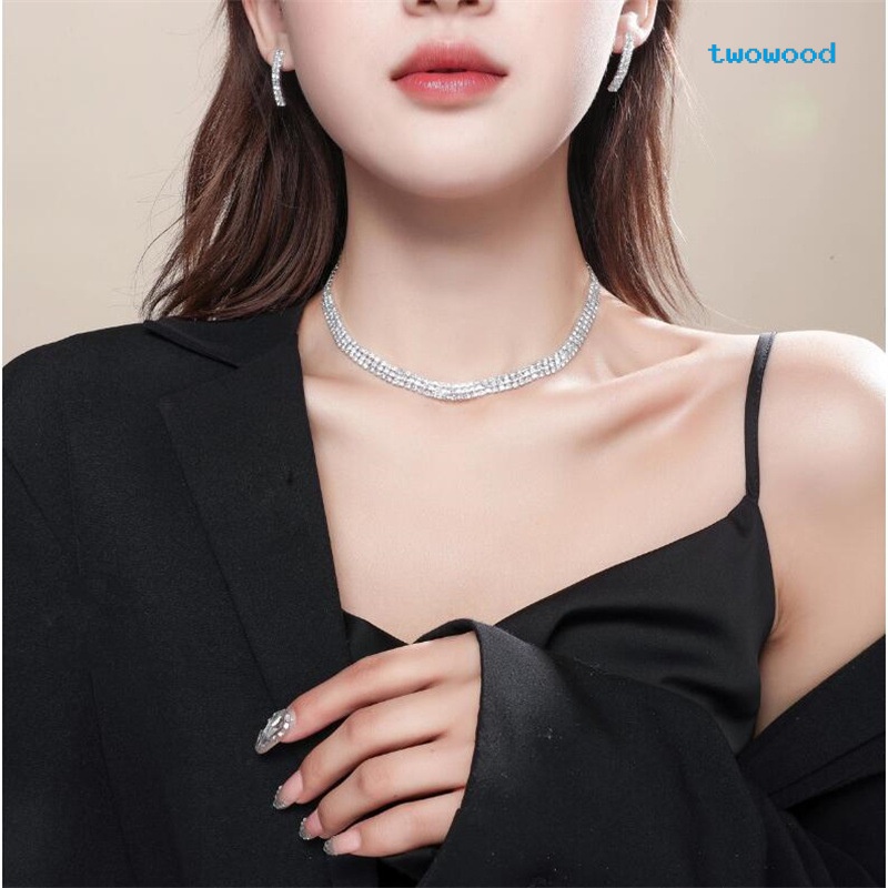 Twowood Full-diamond zircon set Kalung Anting Dua Potong set Perhiasan all-match