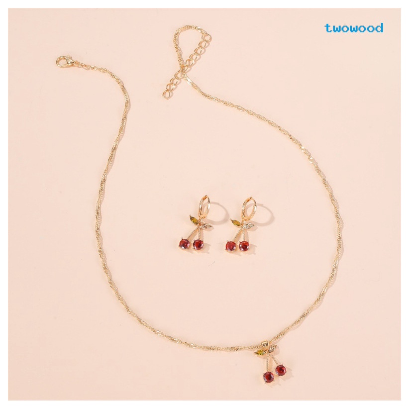 Twowood Cute gemstone cherry suit Kalung Wanita Model Wanita Kristal Sederhana Dan Serbaguna