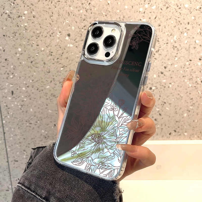 IPHONE Line Flower Design Mirror Phone Case Kompatibel Untuk Iphone11 12 13 14 12Pro 13Pro 14Pro Pro Max XR X XS Max Electroplating Tombol Perlindungan Mirror Cover