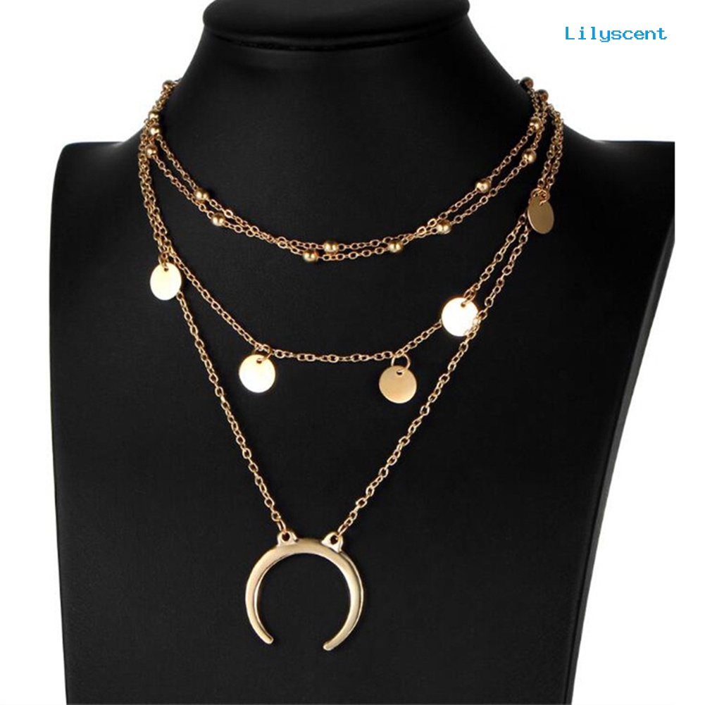 [LS]Boho Wanita Choker Bulan Liontin Manik-Manik Multi Lapisan Kalung Fashion Perhiasan