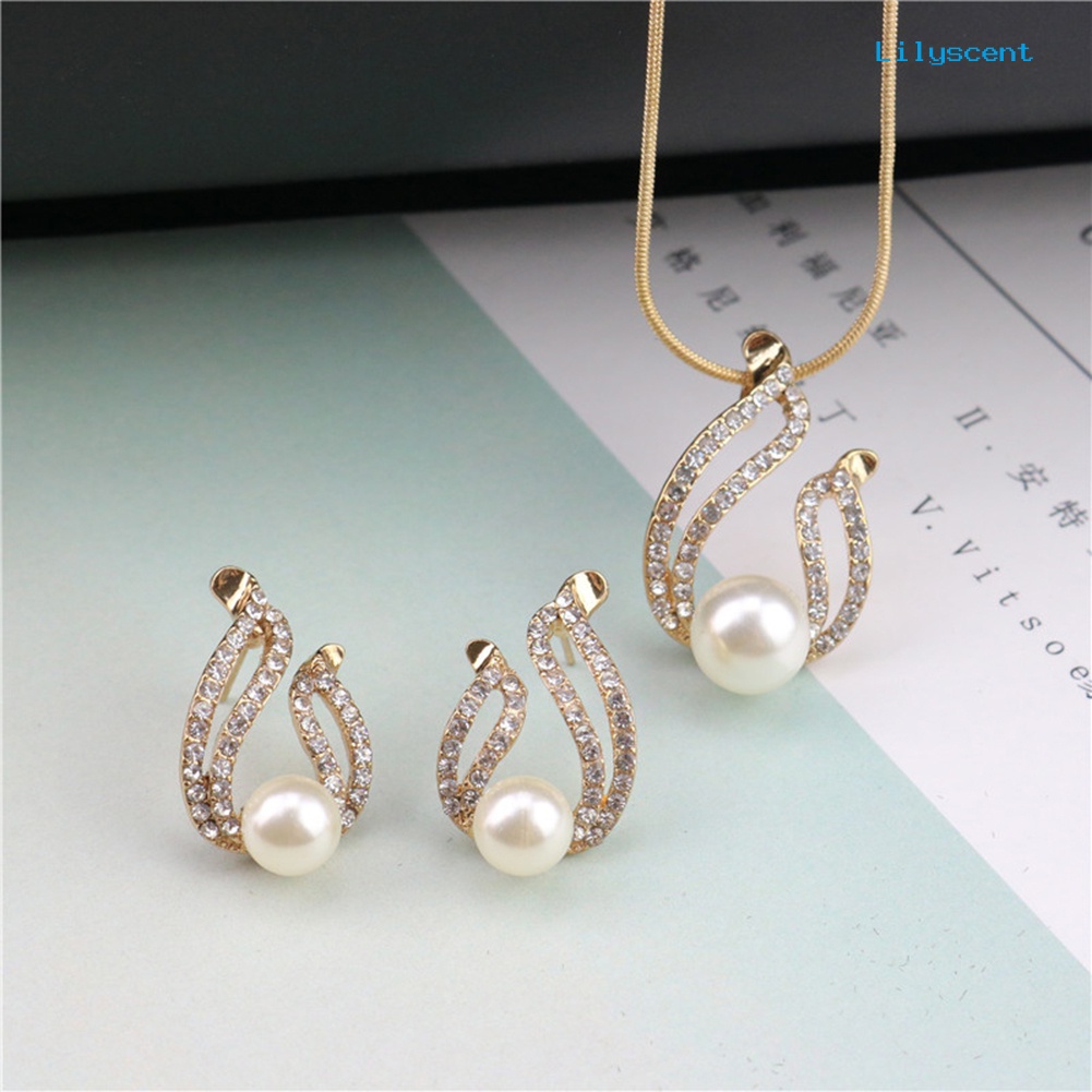 [LS]Faux Mutiara Tetesan Air Pesona Liontin Anting Kalung Sosialita Lady Set Perhiasan