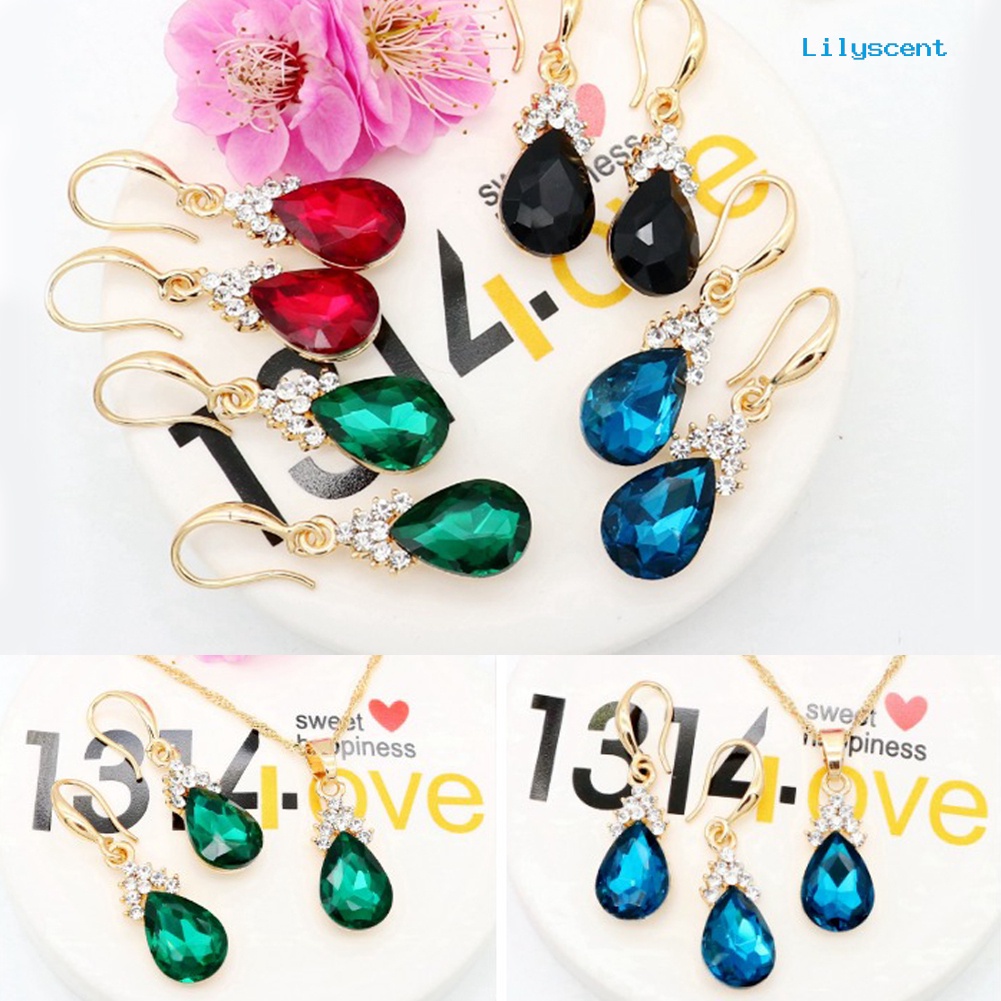 [LS]Vintage Teardrop Berlian Imitasi Wanita Set Perhiasan Kalung Kait Anting Liontin