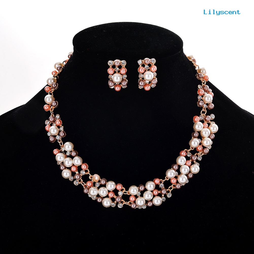 [LS]2 Pcs Wanita Fashion Mutiara Imitasi Hias Berlian Imitasi Kalung Anting Set Perhiasan