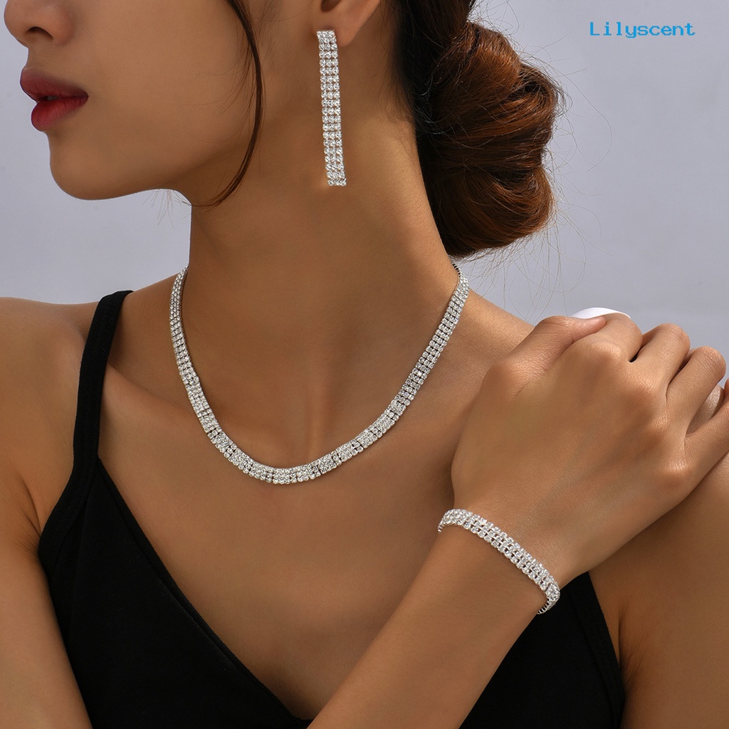 [LS]1 Set Wanita Kalung Elegan Cantik Mewah Dapat Disesuaikan Berkilau Berlian Imitasi Menjuntai Anting Gelang Kit Fashion Perhiasan