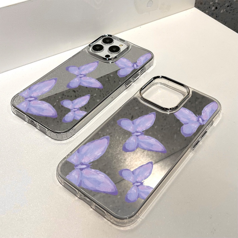 IPHONE Casing Ponsel Cermin Kupu-Kupu Ungu Kompatibel Untuk Iphone11 12 13 14 12Pro 13Pro 14Pro Pro Max XR X XS Max Electroplating Tombol Perlindungan Mirror Cover