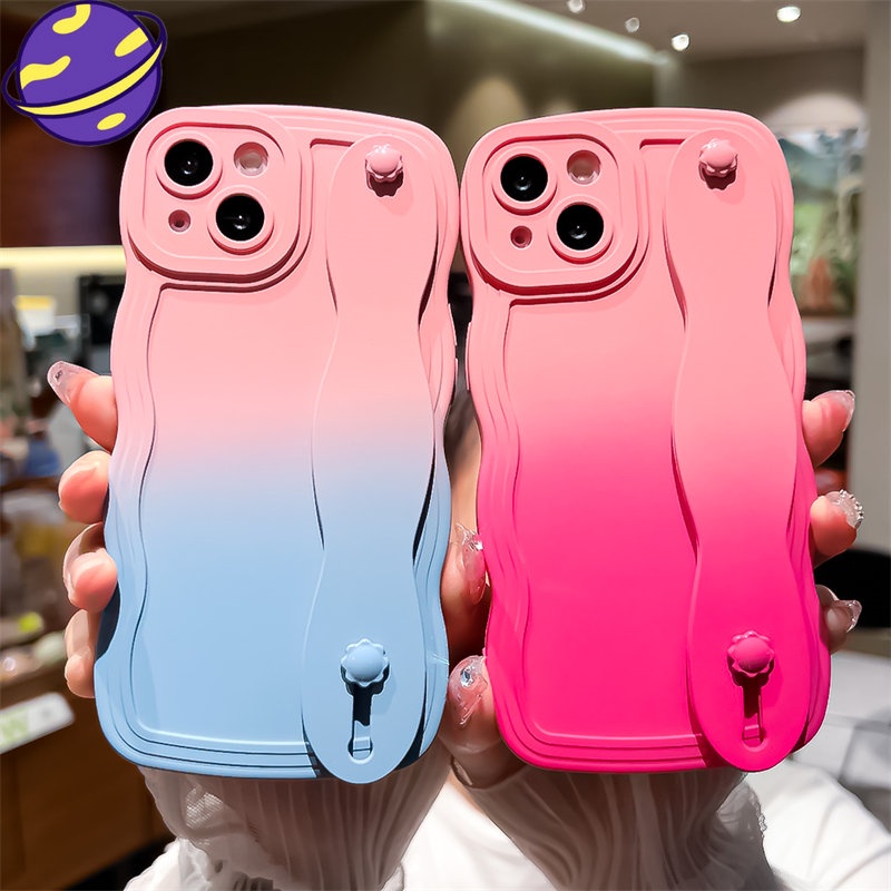 IPHONE Warna Kontras Tali Pergelangan Tangan Silikon Cover Untuk Iphone14 13 12 11 Pro X XS Max XR 78 14 Plus Frosted Pelindung Case Gradasi Holder Casing Lembut