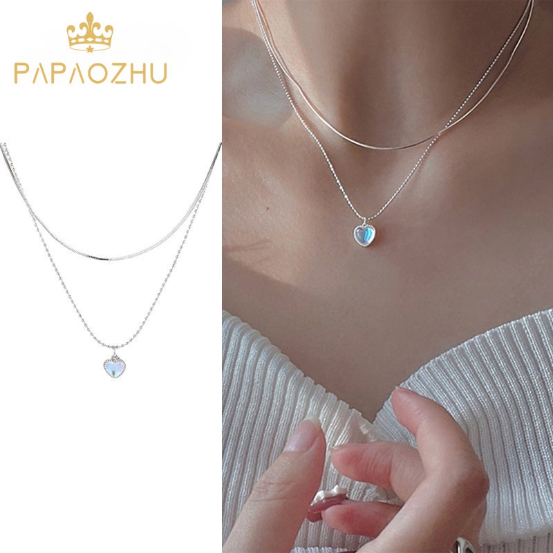 Papaozhu Trendi Manik-Manik Perak Rantai Opal Hati Liontin Kalung Untuk Wanita Gadis Chic Berlapis Ganda Choker Kalung Fashion Perhiasan Hadiah