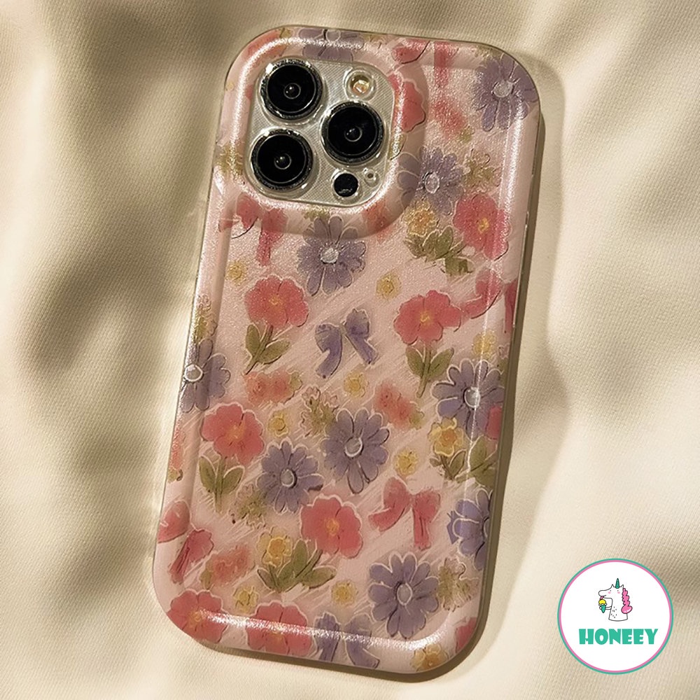 IPHONE French Pink Floral Sweet Flowers Casing Ponsel Untuk Iphone14 13 11 12 Pro Max13 14 Pro Cute Tie Bow Silikon Lembut Shockproof Cover