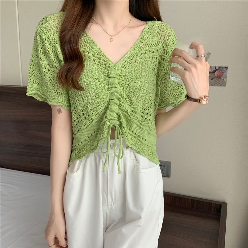 Atasan Wanita Cutout Serut Lengan Pendek Premium Rajut Casual Top