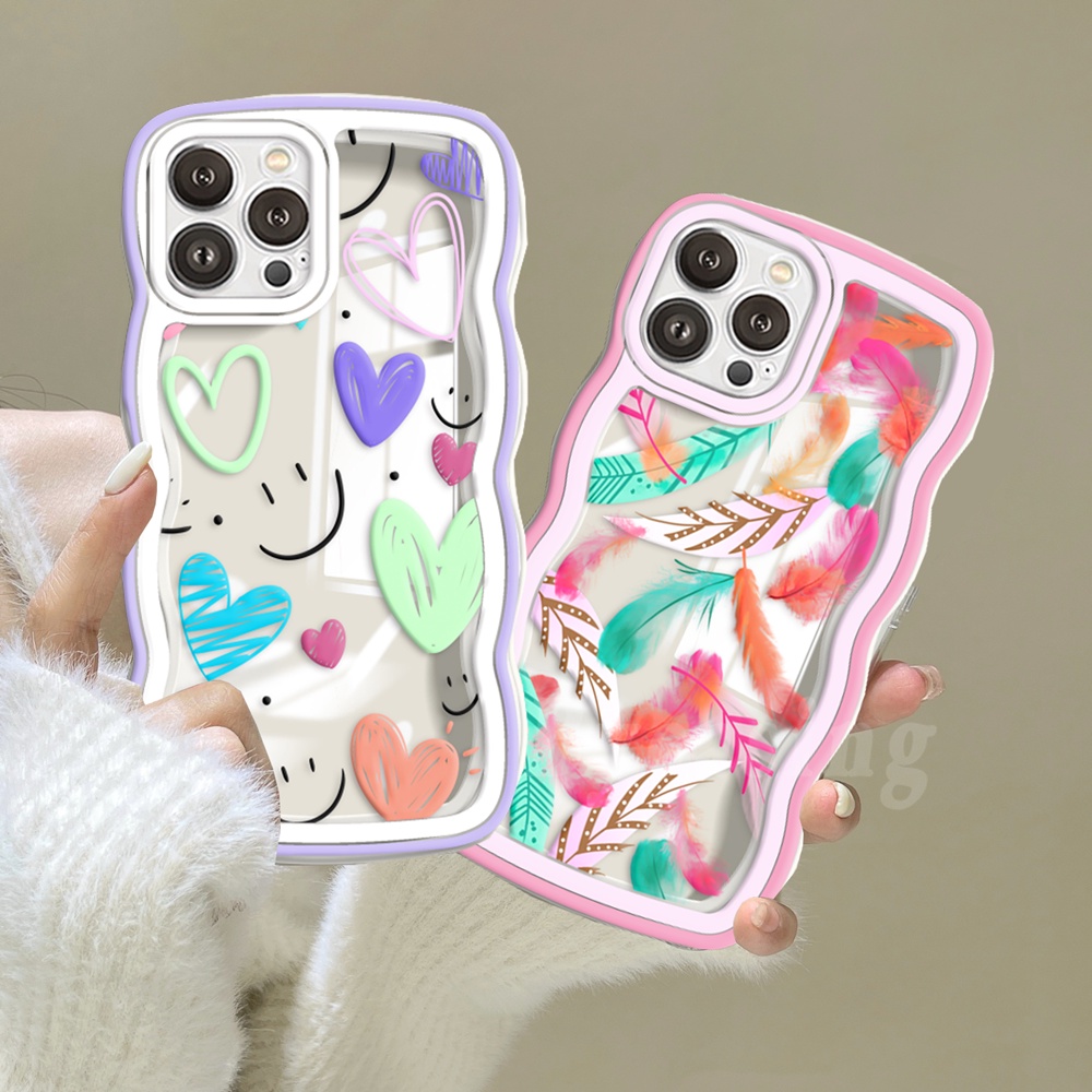 IPHONE Case Fashion Kompatibel Untuk Iphone14 7 8 6 6s Plus 11 12 13 Pro Max X 7Plus XR XS Max SE 2020bulu Pelangi Smiley Love Hati Wavy Edge Soft Clear Case BY