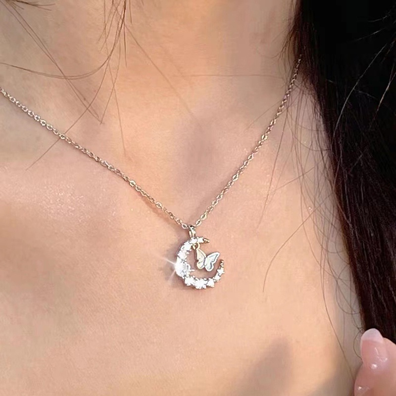 Kalung Butterfly Bulan Bahan Alloy Zircon Korea Untuk Wanita