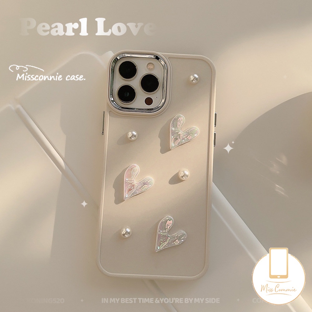 Simple Solid Color Case Compatible for IPhone 11 14 13 12 Pro Max 7plus X XR 7 8 Plus XS MAX Luxury Plating Metal Lens Frame Cover with 3D Cream White Pearl Love Heart Accessories