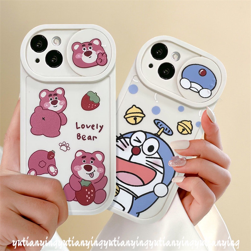 Strawberry Bear Lotso Cartoon Funny Dinosaur Camera Lens Protector Case Compatible for IPhone XR XS X Max 11 13 12 Pro Max 7Plus 8Plus Push Pull Window Lovely Doraemon Cover