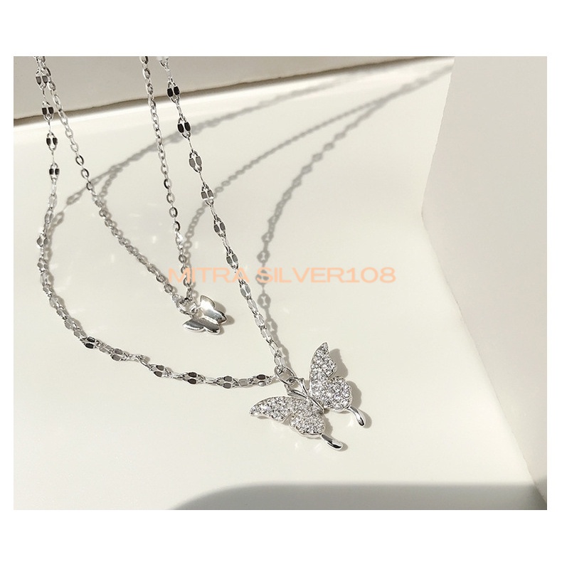 Kalung Kupu Kupu Layer Wanita Fashion Korea Rantai Klavikula Liontin Double Butterfly Necklace Multilayer Warna Silver NL 23
