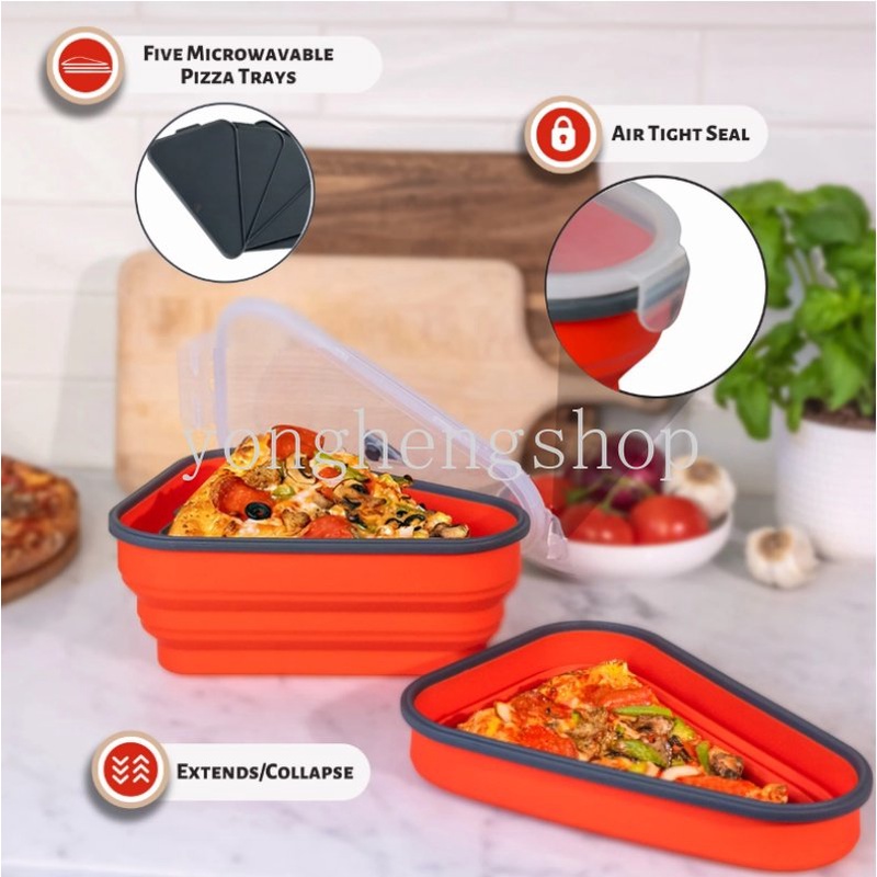 Portable Silicone Reusable Pizza Packing Box Wadah Irisan Pizza Segitiga Dapat Dilipat Dengan 5nampan Saji Microwavable Lunch Bento Box Penyimpanan Makanan Dapur