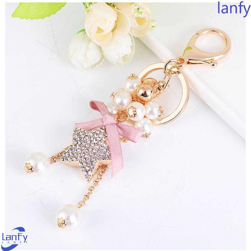 LANFY Bintang Berujung Lima Gantungan Kunci Logam Khusus Berlian Imitasi Ikatan Simpul Aksesoris Interior Ransel Liontin Pear Keyrings