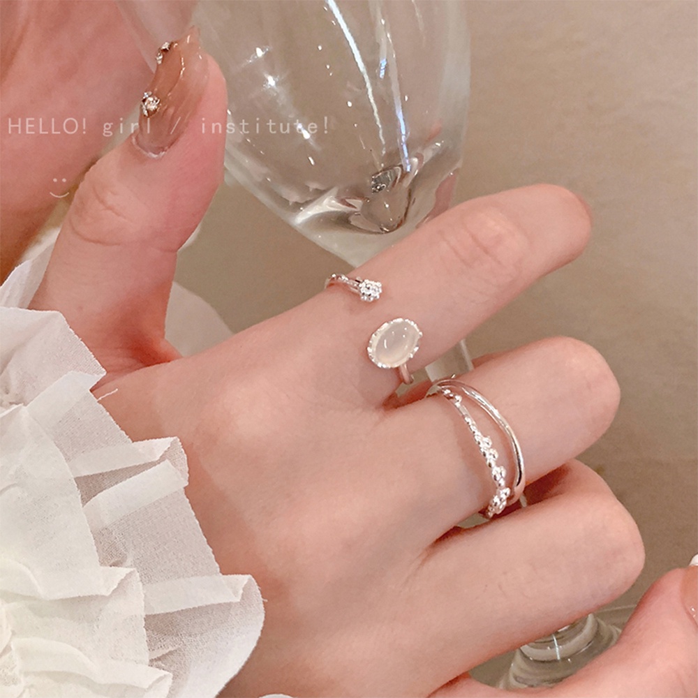 Ifyou 2pcs /Set Cincin Set Moonstone Elegan Perak Cincin Terbuka Untuk Aksesoris Perhiasan Wanita