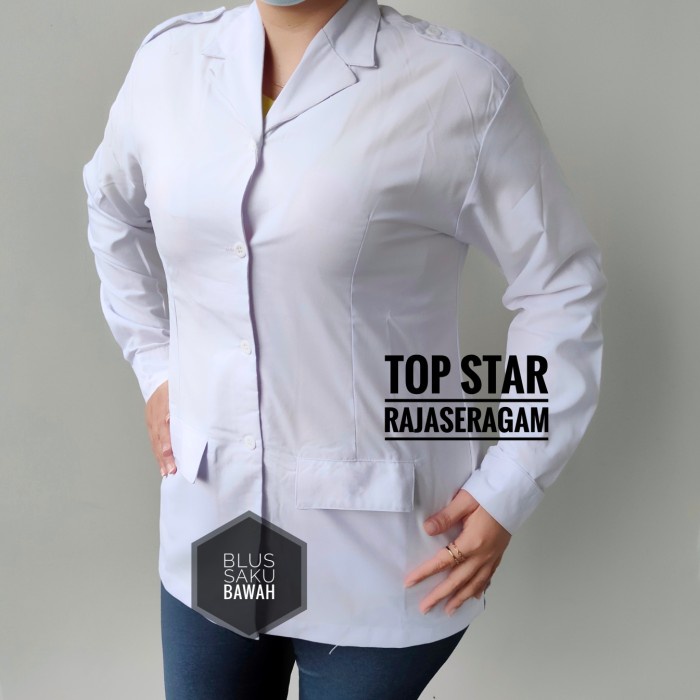 TERLARIS - Kemeja Putih Baju PNS ASN Pemda Wanita Panjang Kerah Blus - Saku Bawah, S