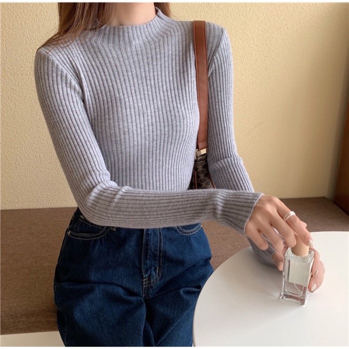 Promo - Iner Rajut Aisha Sweater Turtleneck Wanita Baju Dalaman Knit Manset - Abu - Sedia baju kaos 