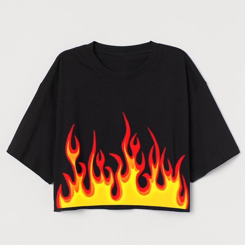 CROP TEE FIRE | API | KAOS CROP TOP OVERSIZE HITAM WANITA MOTIF | T-SHIRT BLACK |CROPTEE WOMAN | COT