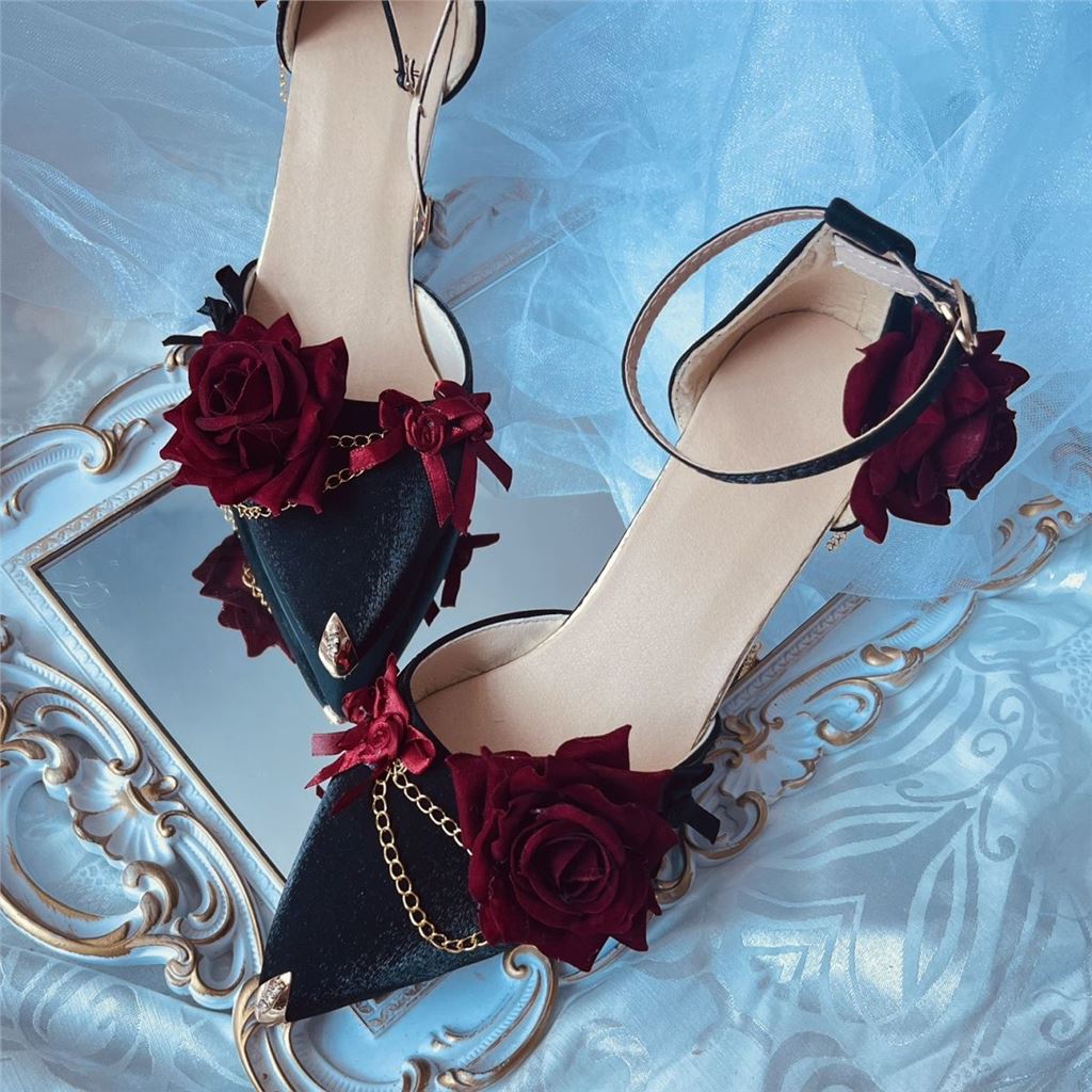 Original female handmade lo shoes, gothic lolita shoes, floral wedding lolita high heels
