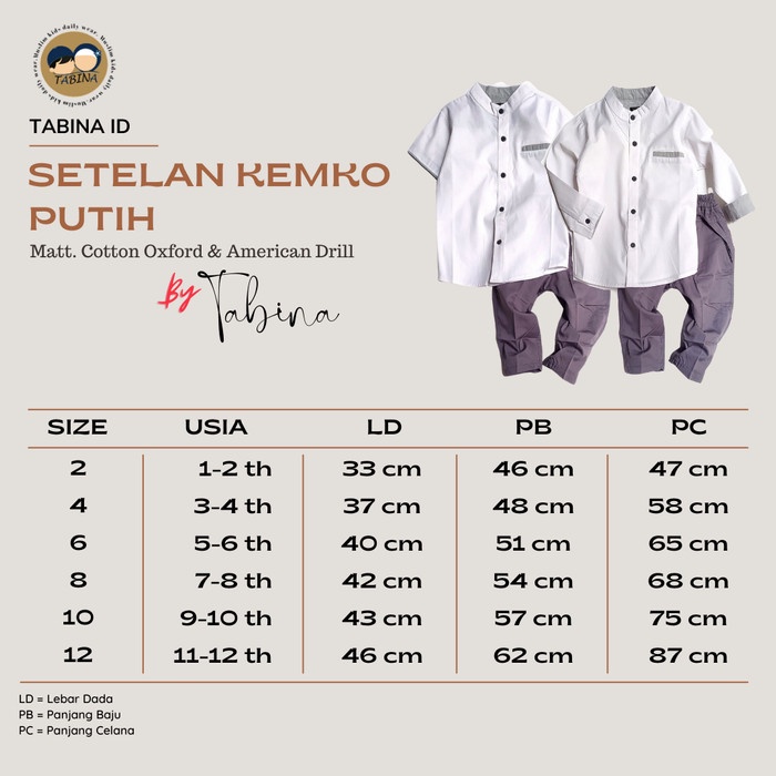 Tabina Setelan Kemeja Koko Putih Anak dan Dewasa Bisa Couple Ustman - Atasan Pendek, 2 1-2 thn