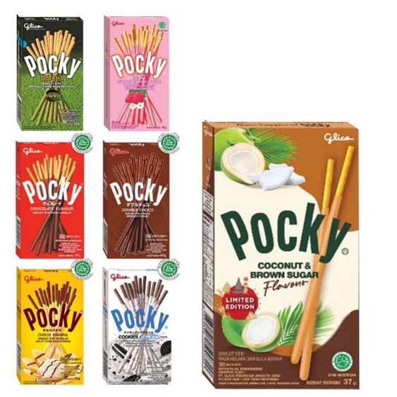 

POCKY GLICO 47 GRAM REGULER RASA STRAWBERRY COKLAT MATCHA COOKIES AND CREAM BANANA COCONUT BROWN SUGAR DOUBLE CHOCOLATE YUZU ORANGE MAKANAN RINGAN STIK MANIS CEMILAN ANAK GROSIR MURAH BANDUNG KILOAN 47GR GR INSTANT BESAR