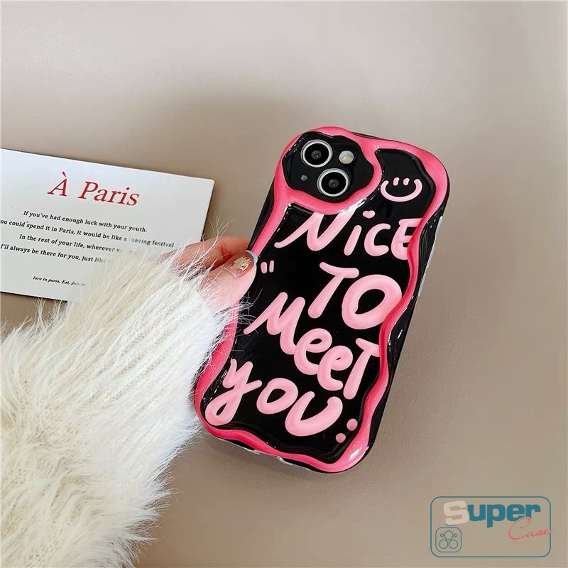 Ins Fashion Art Huruf Smile 3D Wavy Curved Edge Case Kompatibel Untuk iPhone XR 7plus 13 11 12 14 Pro Max8 7 6s 6 Plus X XS Max SE 2020 Glossy Tpu Lembut Shockproof Airbag Cover