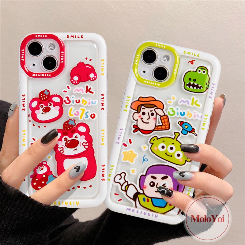 IPHONE Case Manyo Beruang Strawberry Kompatibel Untuk Iphone14 11 13 12 Pro MAX XR 7Plus X XS MAX 6 7 8 6S Plus SE 2020 Kartun Toy Story Buzz Lightyear Alien Airbag Shockproof Soft Cover