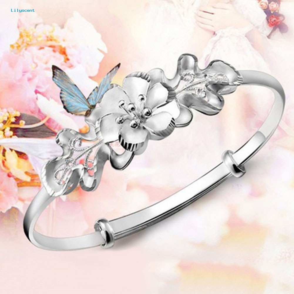 Lilyscent Fashion Bunga Adjustable Cuff Bangle Woman Perak Disepuh Gelang Tangan Perhiasan