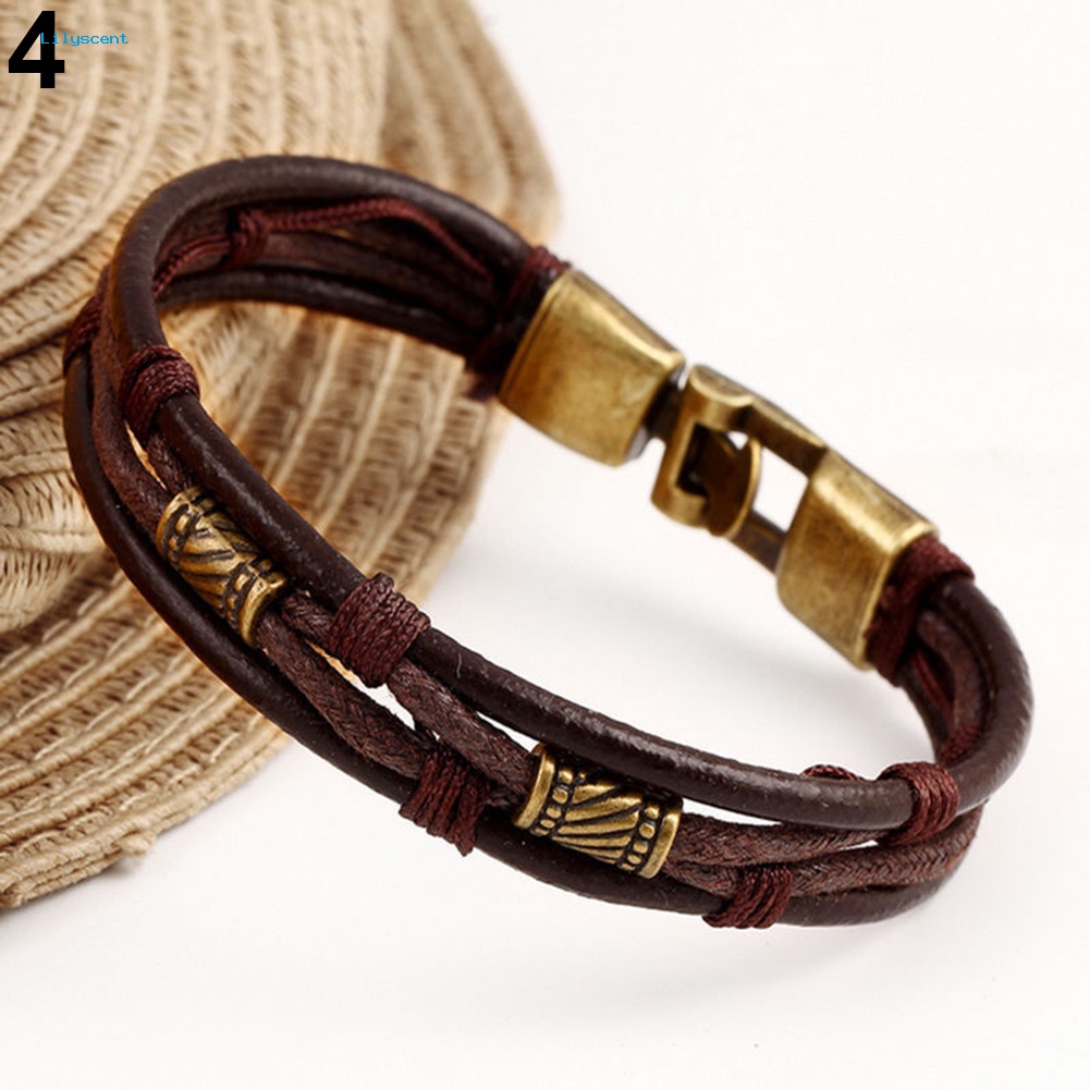 Lilyscent Vintage Pria Wanita Kulit Imitasi Multilayer Gelang Bangle Gelang Perhiasan