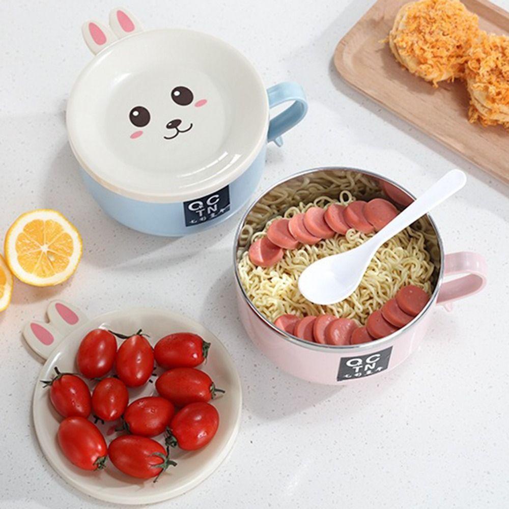 [Elegan] Mangkuk Mie Instan Sereal Stainless Steel Kelinci Lucu Double-layer Tableware