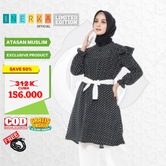 Baju Atasan Wanita Tunik Polkadot Dress Muslim Blouse Original Hitam - M