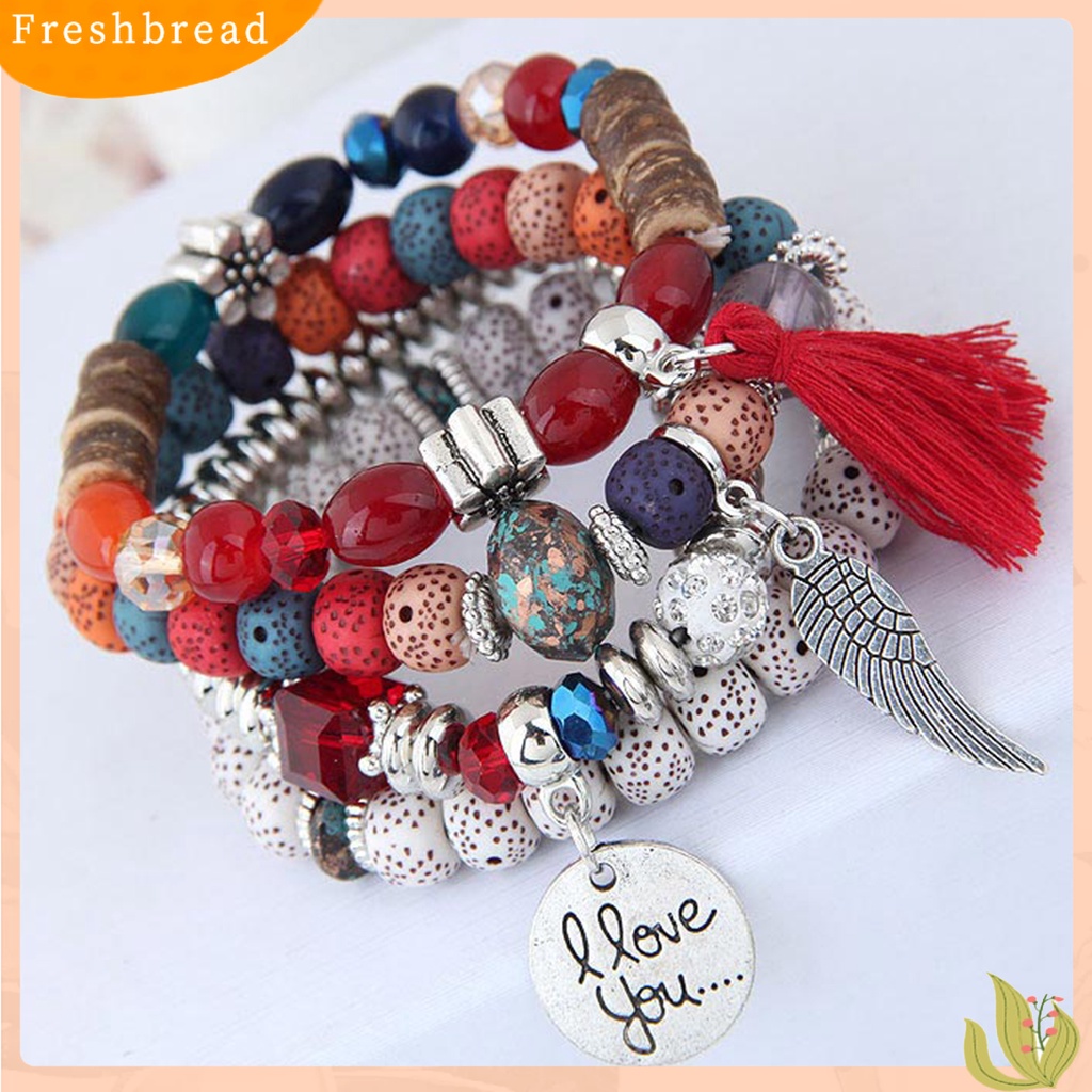 &lt; Freshbread &gt; 4Pcs/Set Gelang Manik-Manik Kayu Paduan Bergaya Yang Indah Menggemaskan Gelang Fashion Untuk Pesta