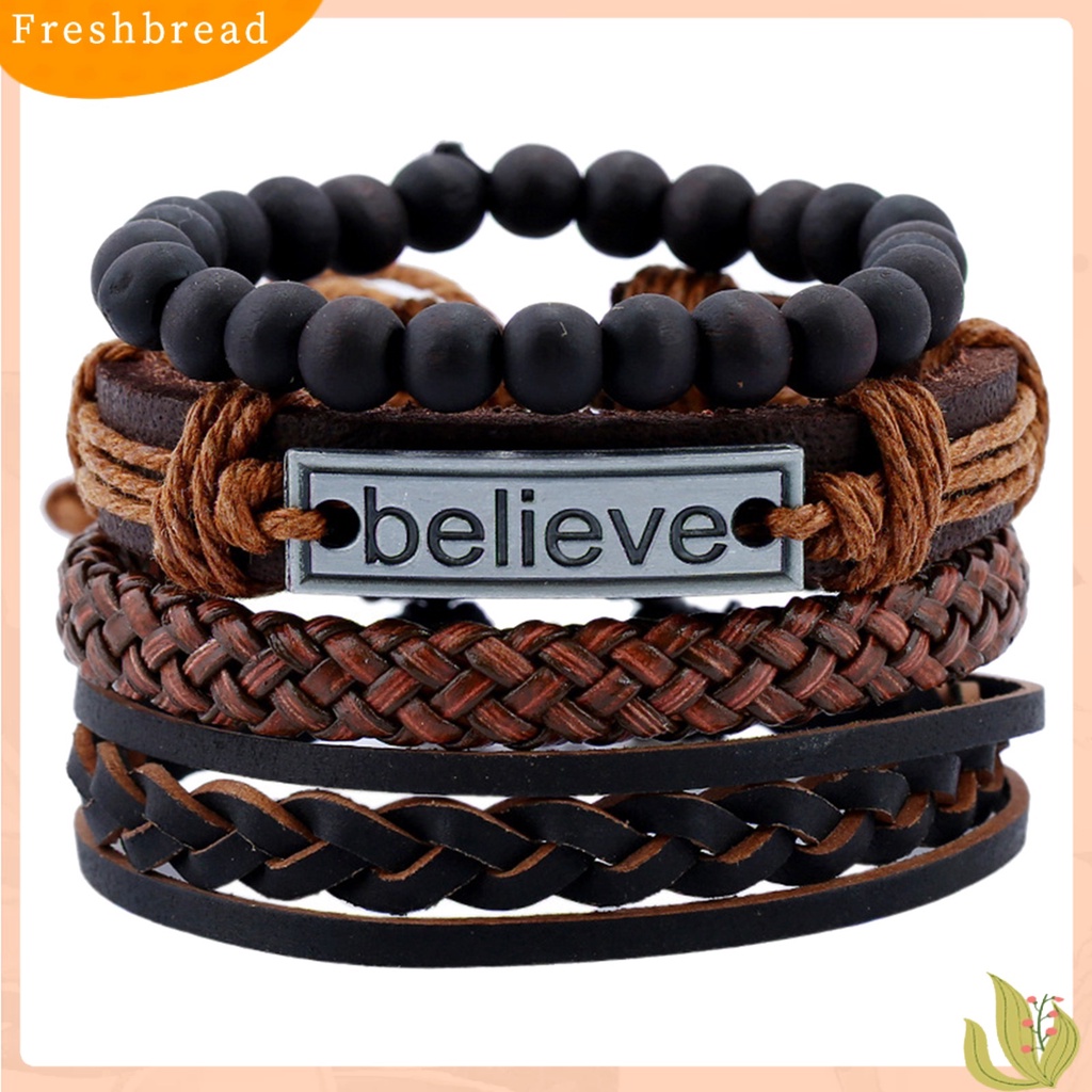 &lt; Freshbread &gt; 4Pcs/Set Pria Fashion Adjustable Kulit Imitasi Tali Dikepang Percaya Huruf Gelang Manik-Manik