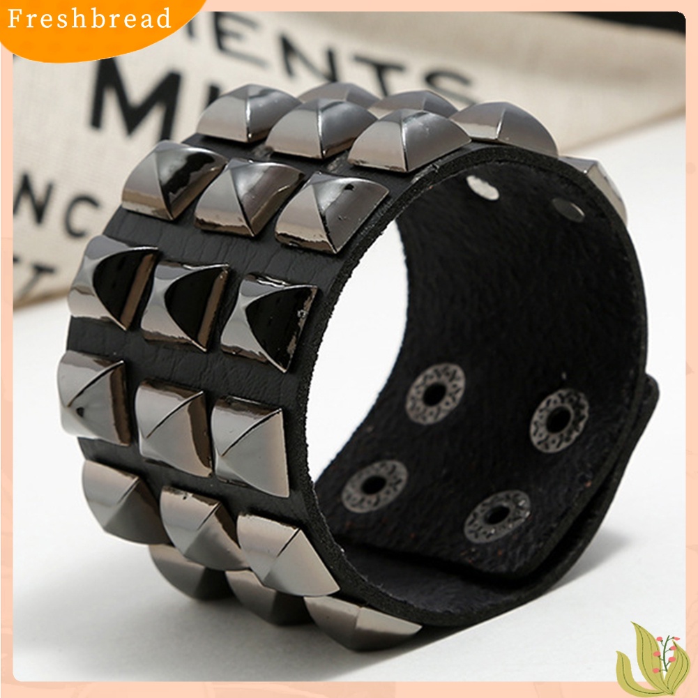 &lt; Freshbread &gt; Punk Pria Wanita Club Square Rivet Studded Wide Cuff Faux Leather Bangle Bracelet