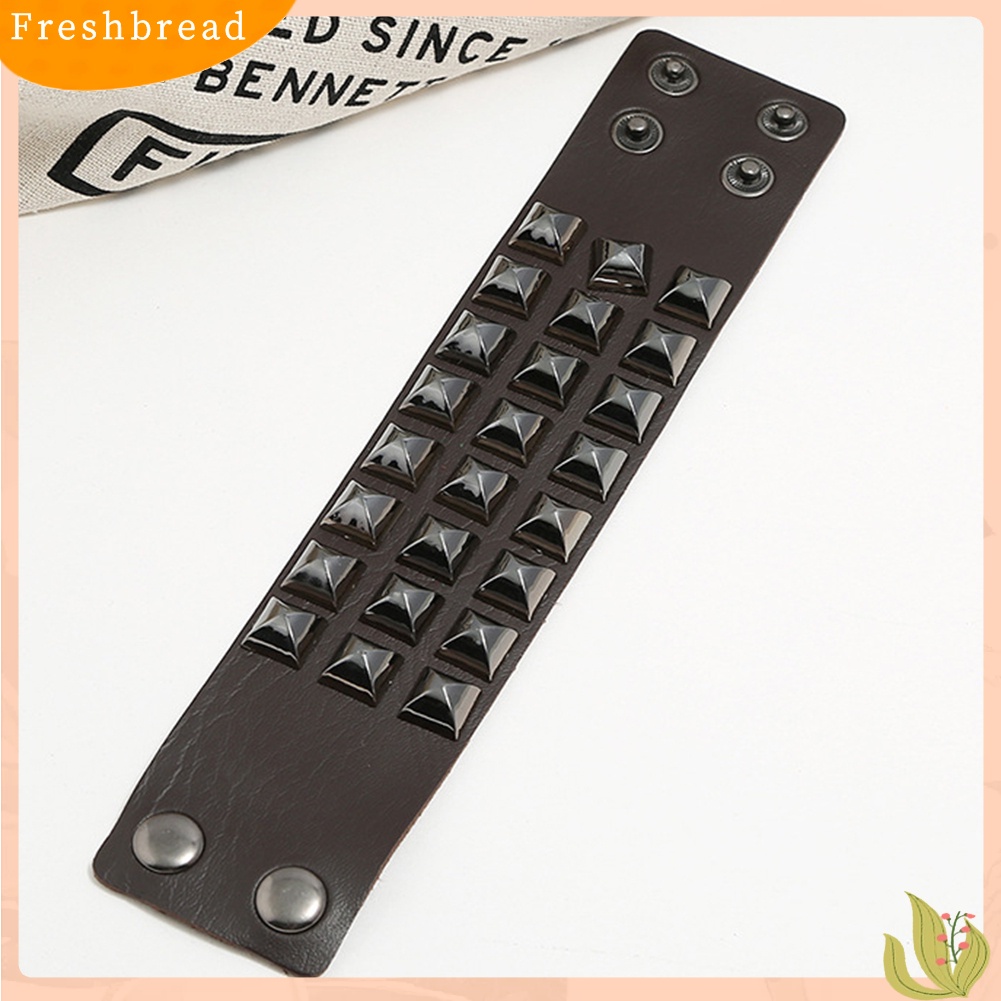 &lt; Freshbread &gt; Punk Pria Wanita Club Square Rivet Studded Wide Cuff Faux Leather Bangle Bracelet